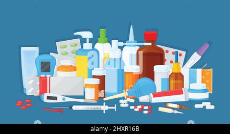 Cartoon medical products, pharmacy drugs, pills and tablets. Medicine bottles, blisters and capsules, various medications vector illustration. Remedy against illnesses, health treatment Stock Vector