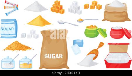 Cartoon white and brown cane sugar in different packages. Granulated and cube sugar in spoons, bowls, canvas bags, sachets vector set. Powder for culinary or baking, scoops and heaps Stock Vector