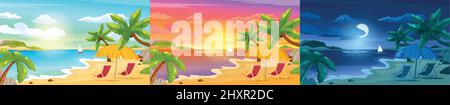 Beach landscape at night, tropical island sunset scene. Summer holiday vacation, sunny summertime seascape with palms vector illustration. Seascape with deck chairs and umbrella for rest Stock Vector