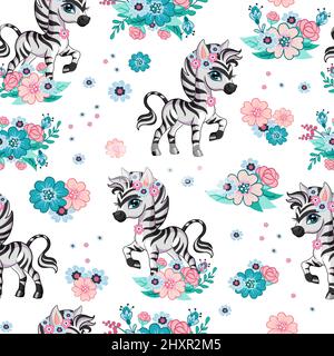 Seamless vector pattern with cute happy zebra and flowers isolated on white background. Colorful vector illustration. For print, linen, design, wallpa Stock Vector