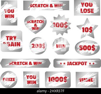 Silver scratchcard, scratch and win game, instant lottery tickets. Jackpot winner scratching cards, gambling ticket elements vector set. Erased surface with try again, prize and you lose text Stock Vector