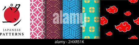 Collection of Japanese Patterns, Oriental Set of Seamless Vector Graphics inspired by movies, manga and anime. Clouds, Ornament, Flowers and geometric Stock Vector