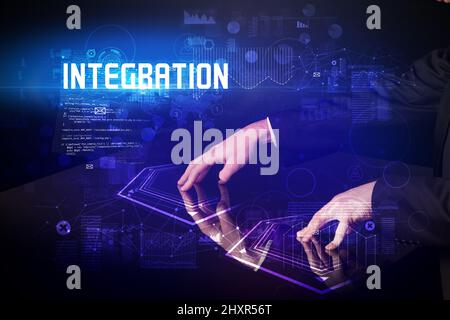 Hand touching digital table concept Stock Photo