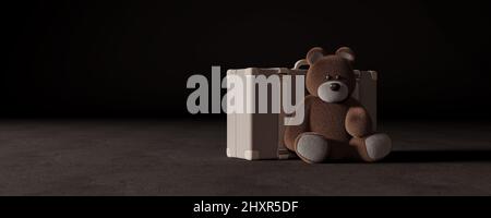 Teddy bear sitting alone in dark place with suitcase. Refugees concept on black background 3d render 3d illustration Stock Photo