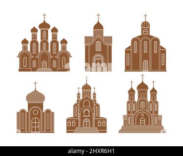 Vector set with illustrations of the Orthodox Christian Church. A religious building. Simple style Stock Vector