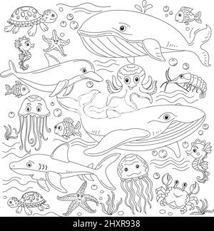 Outlined doodle anti-stress coloring page cute sea animals and fish. Coloring book page for adults and children Stock Vector