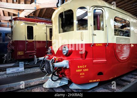 France, Mulhouse, Bas Rhin, La Cité du Train, the diesel locomotive railcar aka ''Red and Cream'. Stock Photo