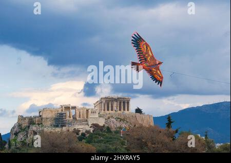 kite over the Acropolis of Athens, a clear Monday custom. Greece Athens March 6, 2022 Stock Photo