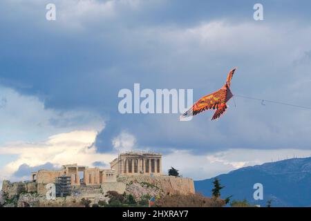 kite over the Acropolis of Athens, a clear Monday custom. Greece Athens March 6, 2022 Stock Photo