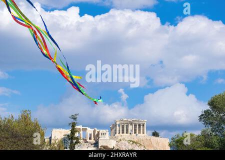 kite over the Acropolis of Athens, a clear Monday custom. Greece Athens March 6, 2022 Stock Photo