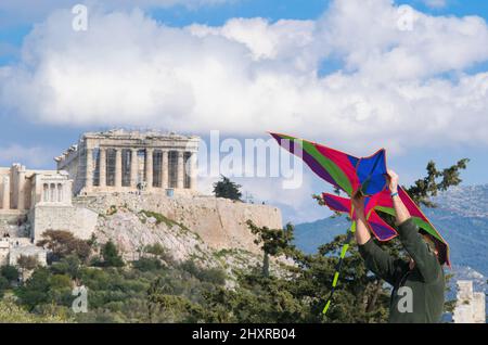 kite over the Acropolis of Athens, a clear Monday custom. Greece Athens March 6, 2022 Stock Photo