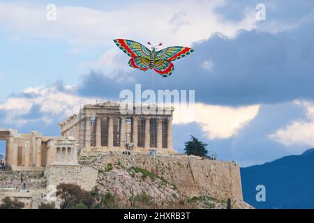 kite over the Acropolis of Athens, a clear Monday custom. Greece Athens March 6, 2022 Stock Photo