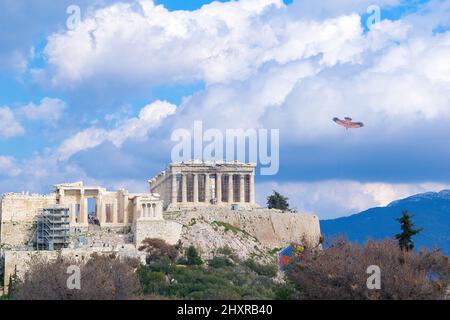 kite over the Acropolis of Athens, a clear Monday custom. Greece Athens March 6, 2022 Stock Photo