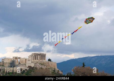 kite over the Acropolis of Athens, a clear Monday custom. Greece Athens March 6, 2022 Stock Photo