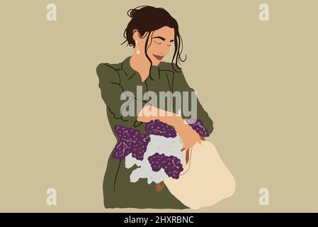 Portrait of a beautiful young woman standing with bag full of flowers on background. Vector illustration. Concept of female beauty and spring time Stock Vector