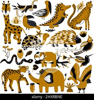Collection of jungle animals.Turtle, leopard, giraffe, parrots, hummingbird, crocodile, hyena, sloth, elephant, snake. Cute animals. Vector illustration. Stock Vector