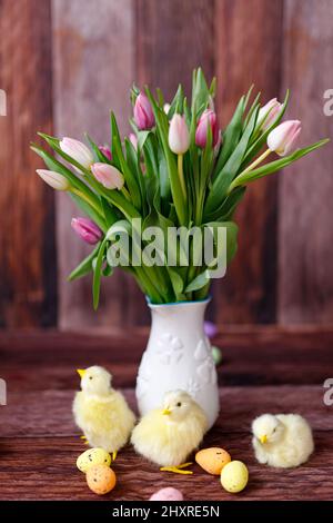 Easter chicken, eggs and decoration on wooden background Stock Photo