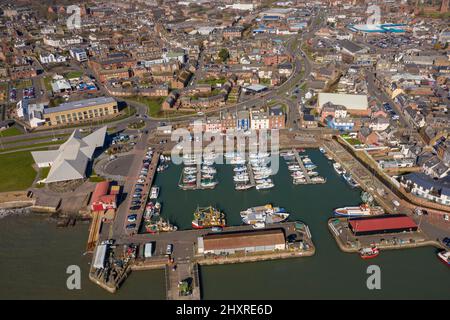 Aerial view from drone of Arbroath harbour, Angus, Scotland, UK Stock Photo