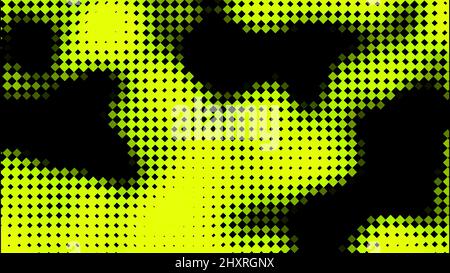 Grid of black tiny rhombuses and flowing shapes on fluorescent yellow background. Design. Diagonal movement of dark stains. Stock Photo