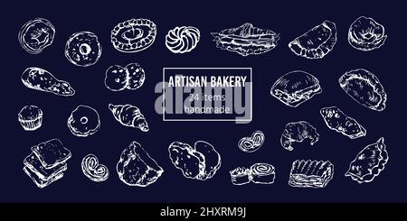Bread and bakery goods, hand drawn, chalk on blackboard. Vintage patisserie stylized vector sketch Stock Vector