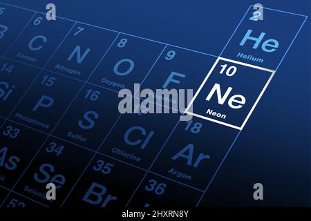 Neon on the periodic table of the elements, with symbol Ne from Greek word neos, with atomic number 10. Noble gas with distinct reddish-orange glow. Stock Photo