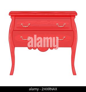 Chest of drawers isolated on white background. Pink wooden commode on long legs. Piece of bedroom furniture and home interior.Dresser or bedside table Stock Vector