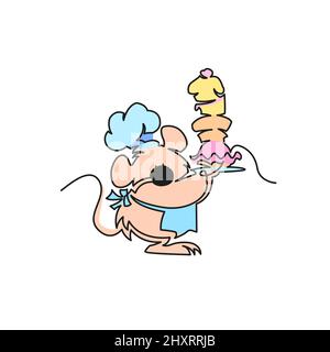 Happy little mouse with sweets. Mouse cook illustration continuous line drawing. Stock Vector