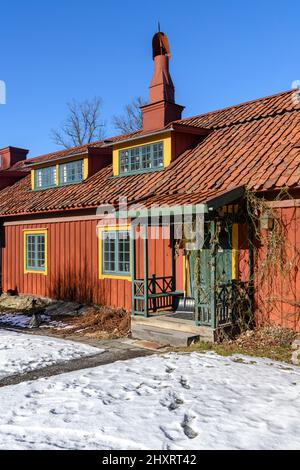 Beautiful Swedish buildings taken from around the country and rebuilt on an island to form the world's first open air museum Skansen, opening in 1891. Stock Photo