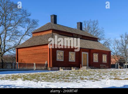 Beautiful Swedish buildings taken from around the country and rebuilt on an island to form the world's first open air museum Skansen, opening in 1891. Stock Photo