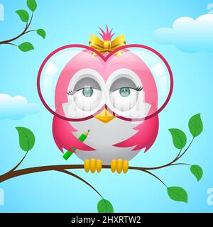cartoon pink bird in huge glasses and a pencil in hand, perches on a tree branch against a blue sky Stock Vector