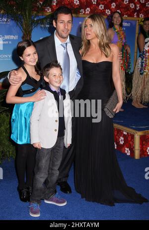 Bailee Madison, Griffin Alexander Gluck, Adam Sandler and Jennifer Aniston during the 'Just Go With It' premiere held at the Ziegfeld Theatre, New York Stock Photo