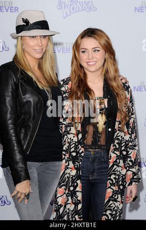 Tish Cyrus and Miley Cyrus at the Los Angeles premiere of "Justin