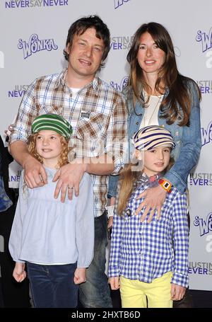 Jamie Oliver, wife Juliette Norton, daughters Poppy Oliver and Daisy Oliver at the 'Justin Bieber: Never Say Never' Los Angeles premiere held at Nokia Theatre L.A. Live. Stock Photo