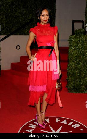 Zoe Saldana attending the 2011 Vanity Fair Oscar Party hosted by Graydon Carter at the Sunset Tower Hotel in Los Angeles, USA. Stock Photo