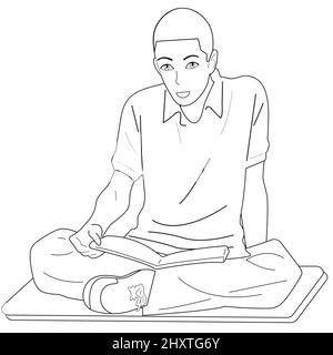 A black and white guy sits cross-legged and reads a book. Vector Stock Vector