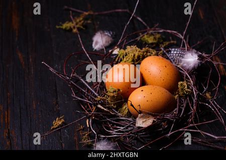 Beautiful Easter eggs in a nest on wooden background. Easter concept in a rustic style Stock Photo