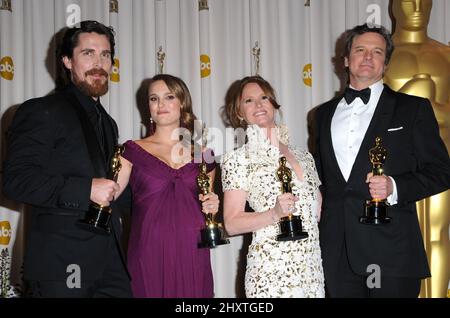 (L-R) Christian Bale, Natalie Portman, Melissa Leo and Colin Firth in the press room at the 83rd Academy Awards at the Kodak Theatre, Los Angeles. Stock Photo