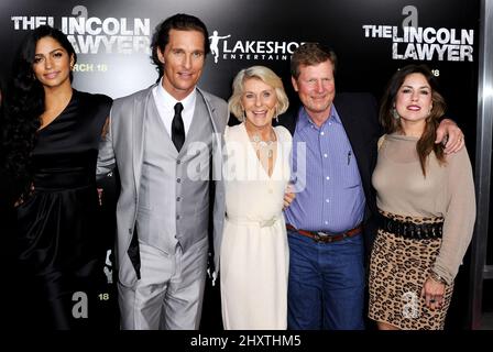 Camila Alves, Matthew McConaughey, Mom Kay and Brother Rooster McConaughey at the Los Angeles premiere of 'The Lincoln Lawyer' at the Arclight Cinemas, March 10, 2011. Stock Photo