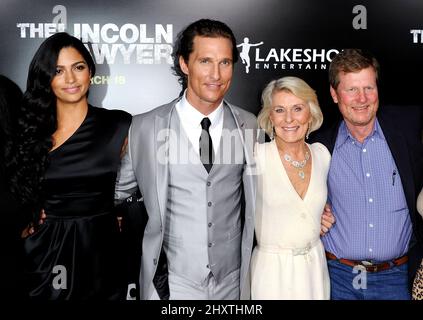 Camila Alves, Matthew McConaughey, Mom Kay and Brother Rooster McConaughey at the Los Angeles premiere of 'The Lincoln Lawyer' at the Arclight Cinemas, March 10, 2011. Stock Photo