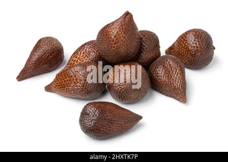 Heap of fresh ripe whole snake fruit isolated on white background close up Stock Photo