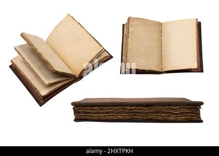 An open empty old notebook isolated on a white background. Copy space. Stock Photo