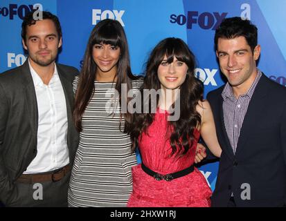 Jake Johnson, Hannah Simone, Zooey Deschanel and Max Greenfield attends the 2011 FOX Programming Presentation Post Party at the Wollman Rink in Central Park on May 16, 2011 in New York City. Stock Photo