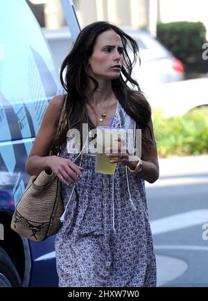 Jordana Brewster Grabs a Drink from Coffee Bean in Los Angeles. Stock Photo