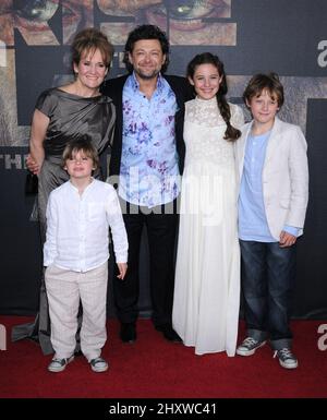 Andy Serkis, Lorraine Ashbourne, kids Sonny, Louis and Ruby arrives at the Los Angeles Premiere of 'Rise Of The Planet Of The Apes' at the Grauman's Chinese Theatre on July 28, 2011 in Hollywood. Stock Photo