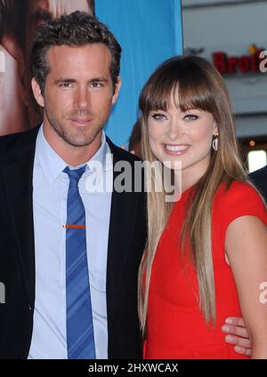 Ryan Reynolds and Olivia Wilde during 'The Change-Up' World Premiere held at the Village Theatre, California Stock Photo