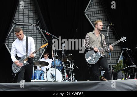 Harry McVeigh and Charles Cave from the White Lies during the 20th Anniversary Lollapalooza Music Festival that is taking place at Grant Park, Chicago Stock Photo