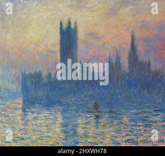 The Houses of Parliament Sunset by Claude Monet is one in a series of paintings of the Palace of Westminster created during the early 1900s Stock Photo