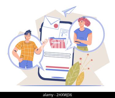 People send mail and share files and documents online through a mobile app. Business workflow, email message and sms sending, flat cartoon vector illu Stock Vector