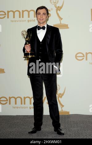 Jim Parsons poses in the press room during the 63rd Annual Primetime Emmy Awards held at Nokia Theatre L.A. in Los Angeles, California, USA. Stock Photo