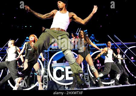 Chris Brown performs during his 2011 FAME Tour at the Time Warner Cable Music Pavilion in Raleigh, Nc. Stock Photo